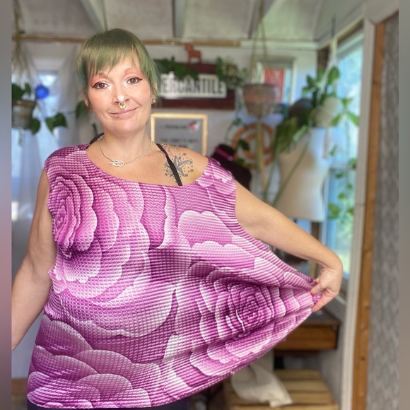 Vintage Y2K 90s Rose Floral Purple Accordion Style Blouse 1X Small Medium Large - Picture 10 of 16